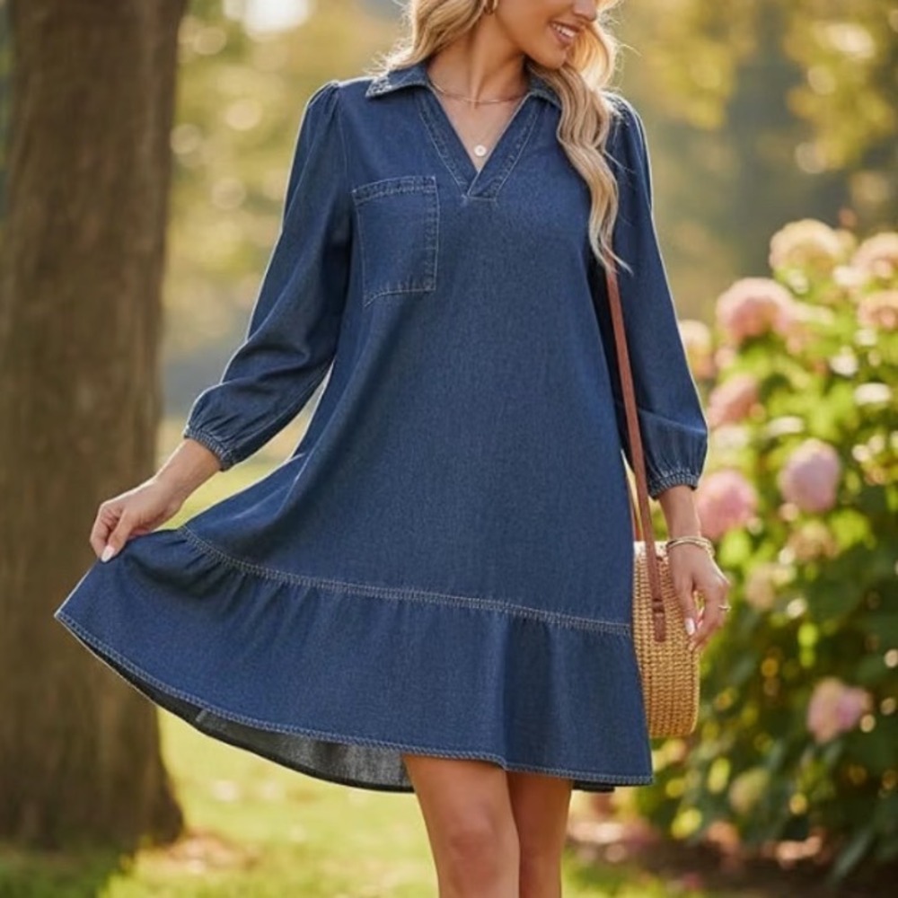 Dokotoo Denim Dress Women 2XL New Tunic Ruffle Hem V-Neck Pocket Blue